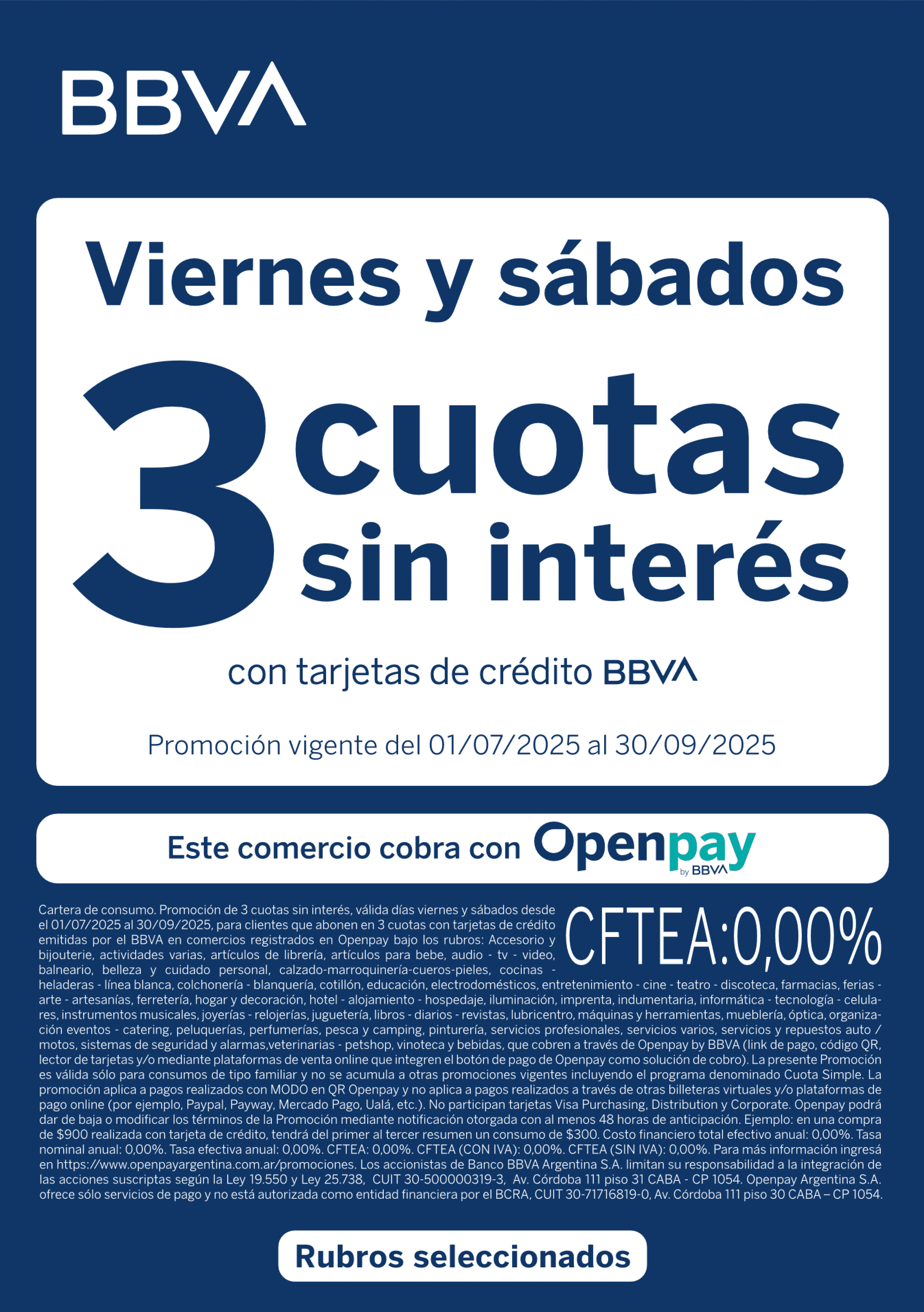 BBVA - Vierenes y sábado 3 cuotas sin interés
